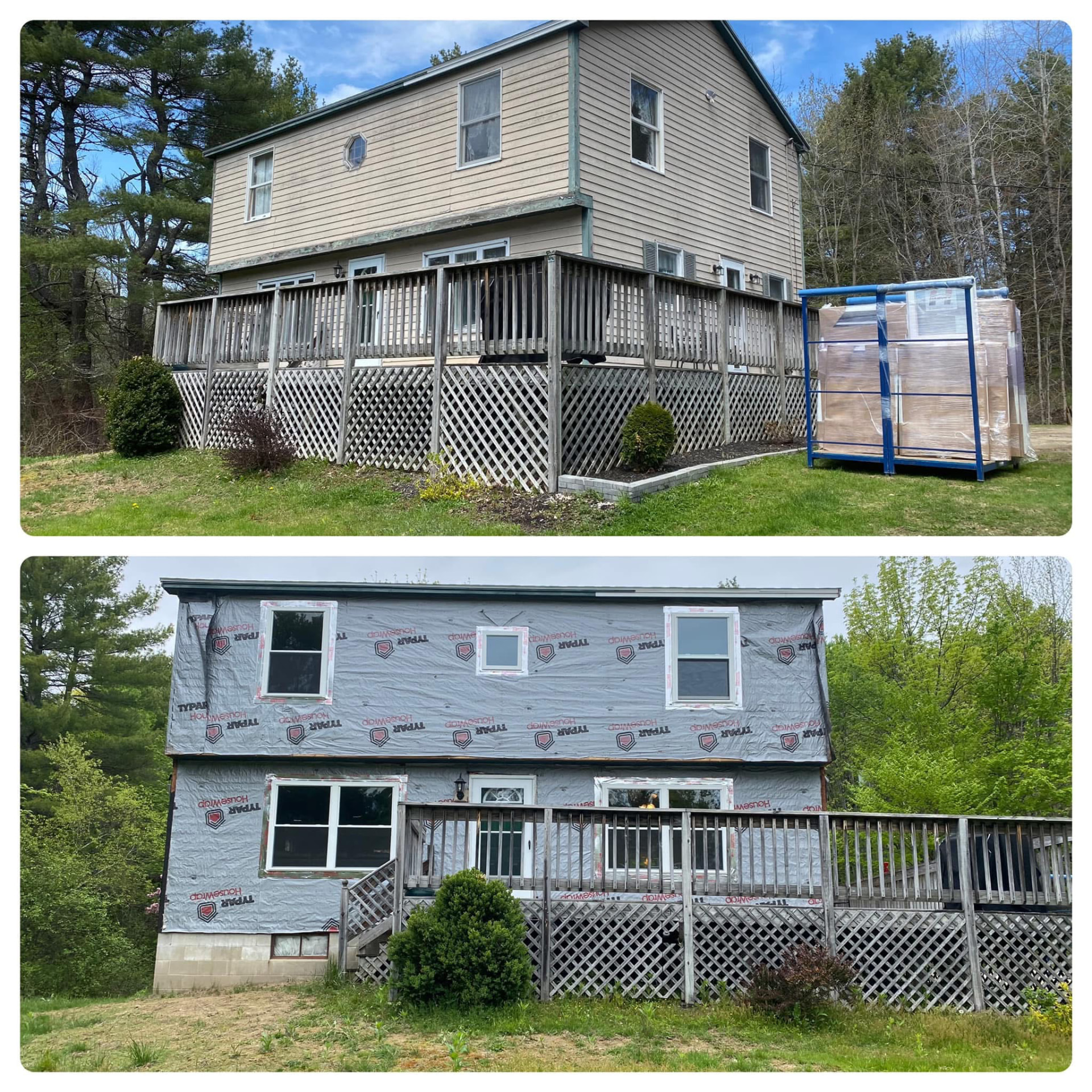 Siding replacement in progress with new house wrap installed over the original siding