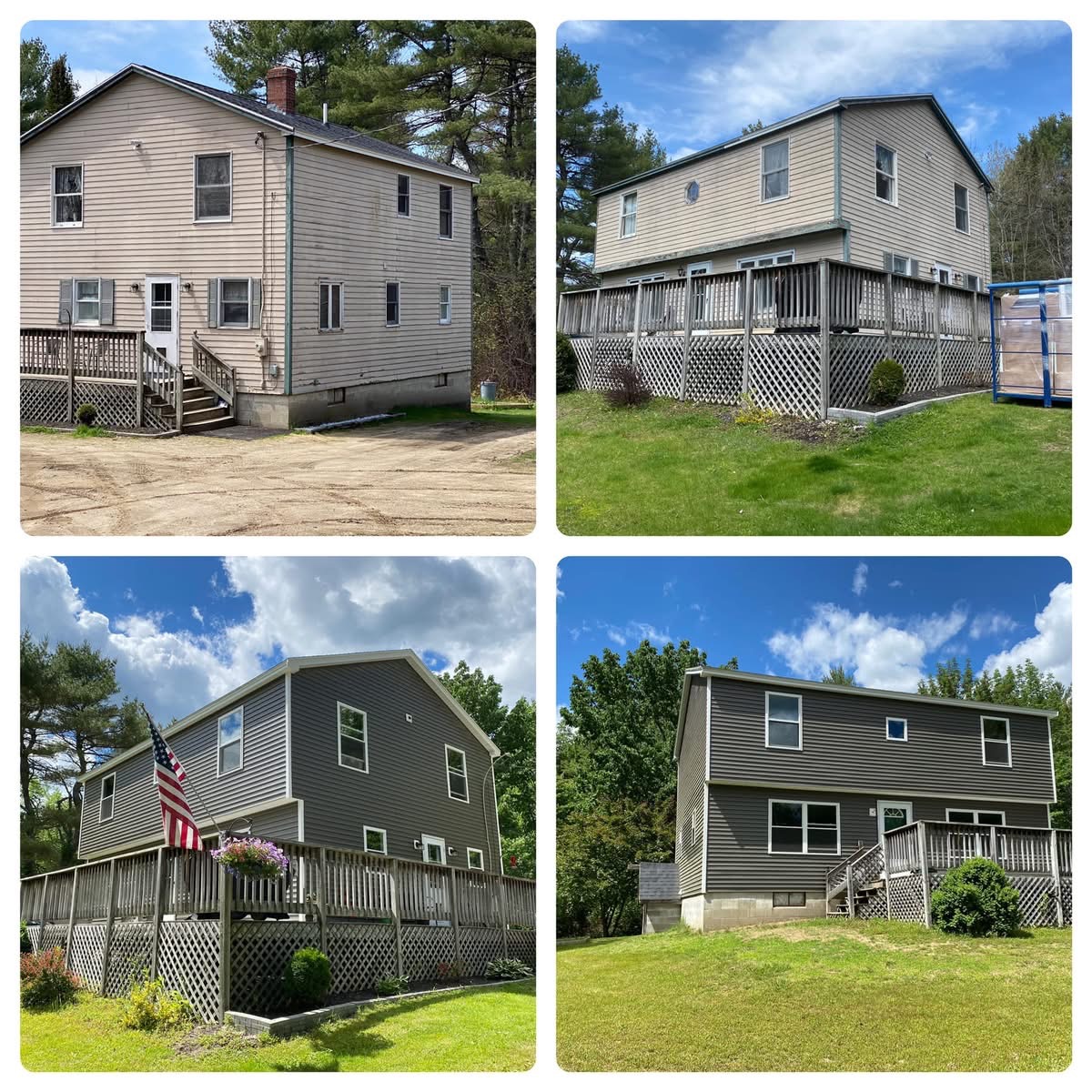 Before and after photos of a full vinyl siding replacement on a Maine home